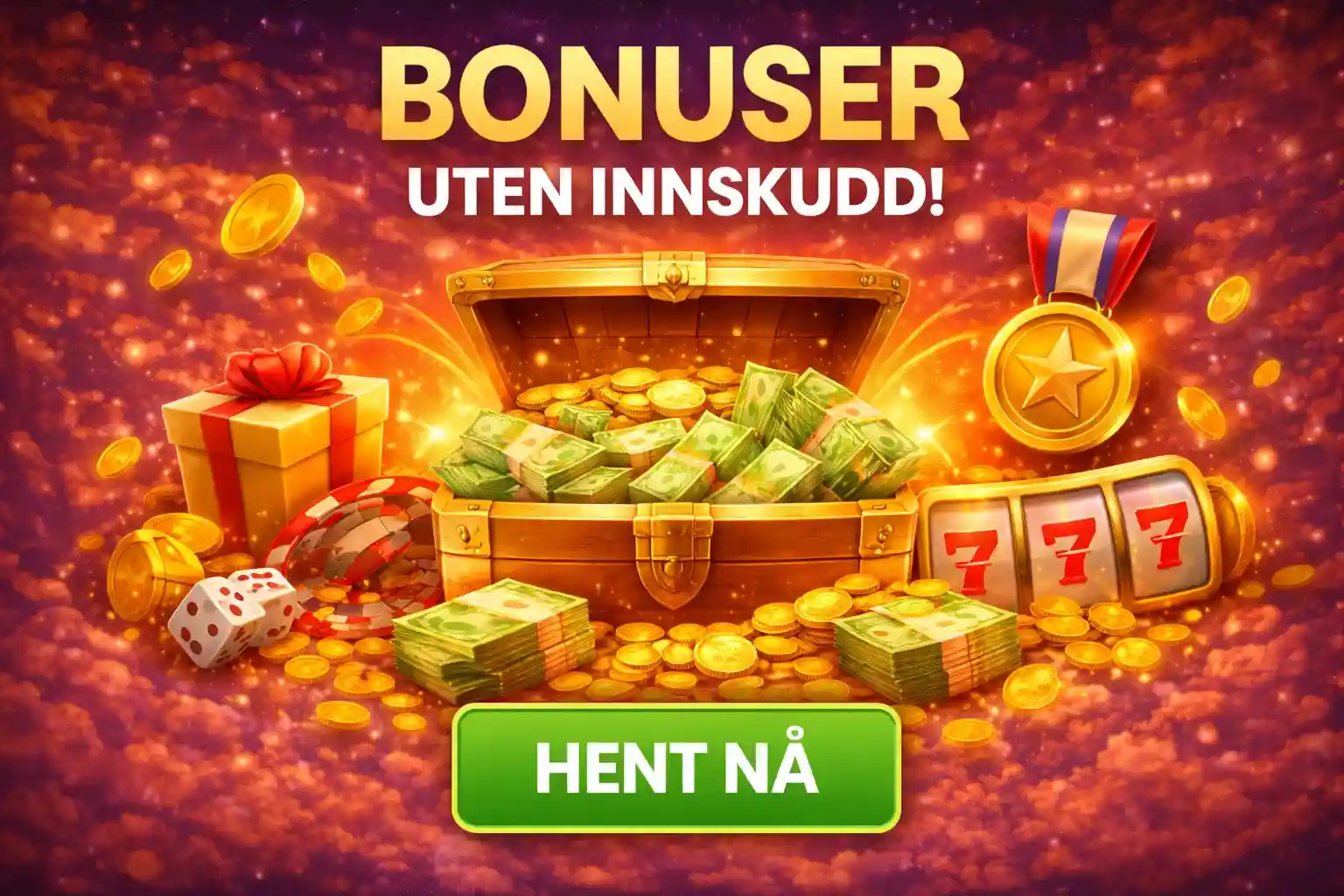 Bonuser Uten Innskudd Skattekiste som bugner av penger som symboliserer innskuddsfrie bonuser