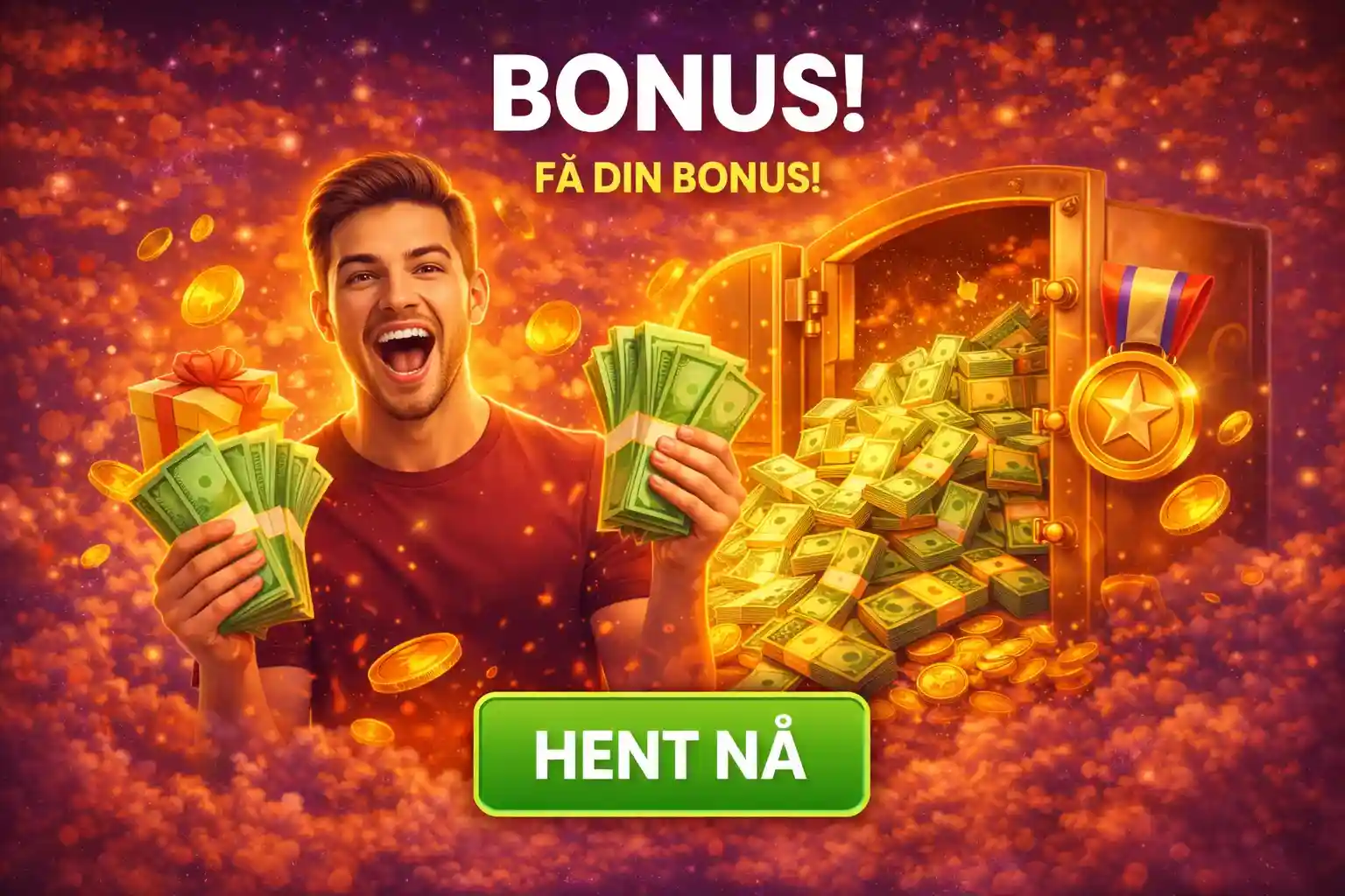 Stor Casino Velkomstbonus En lykkelig mann som holder sedler fra en stor casino bonus