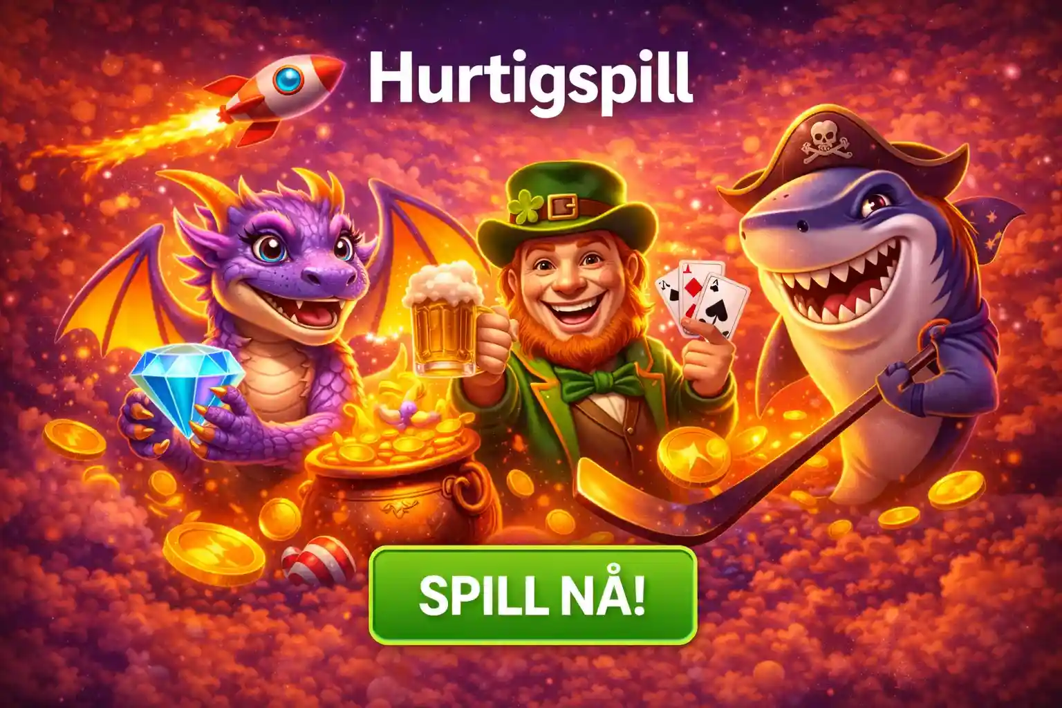 Morsomme figurer fra hurtigspill som drager og haier med gevinster