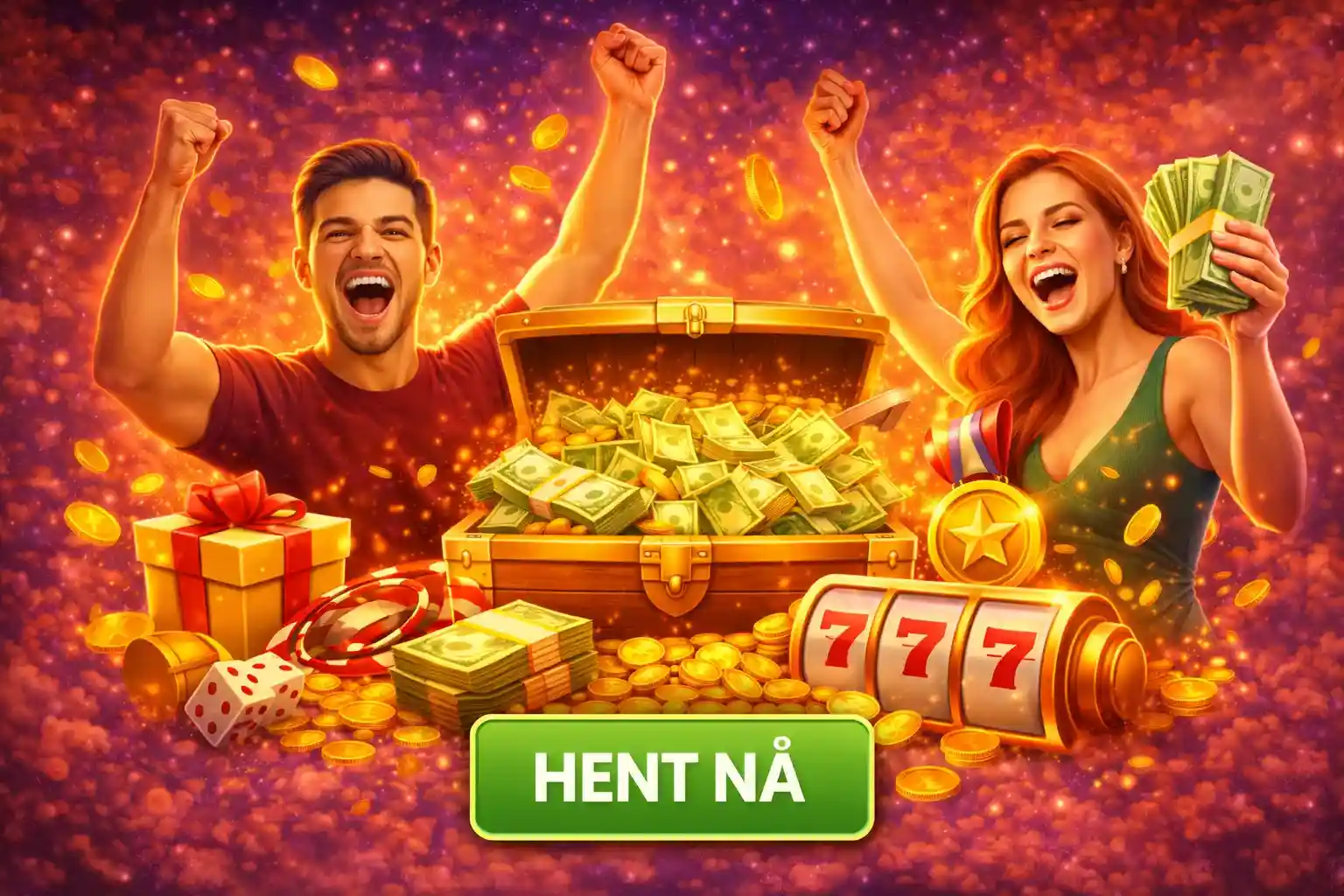 En åpen skattekiste fylt med penger og gullmynter for heldige spillere