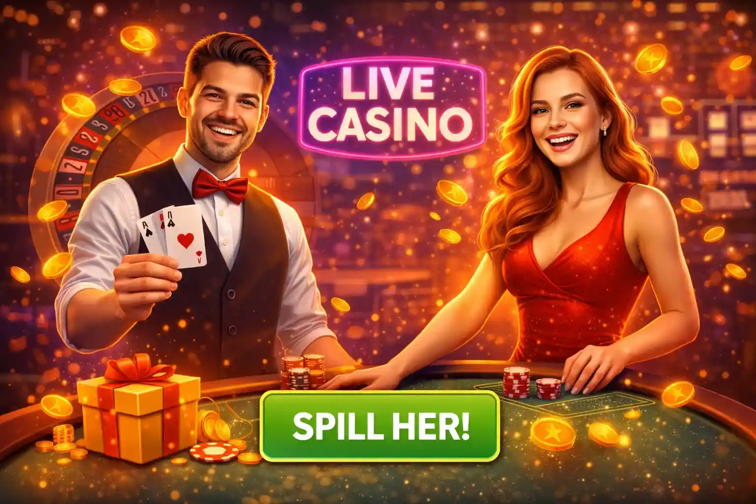 Mannlig og kvinnelig dealer som presenterer kortspill i live casino
