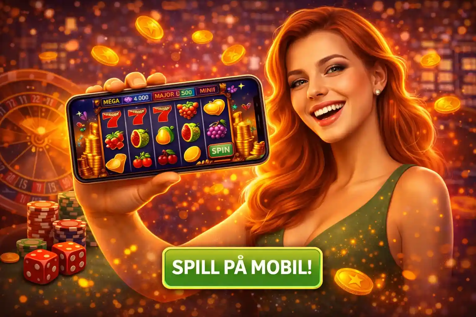 Kvinne som viser frem en mobiltelefon med casinospill i landskapsmodus