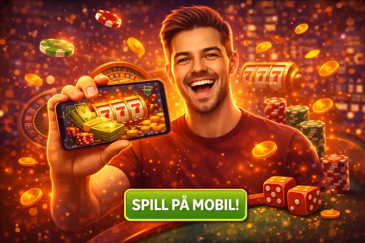 Et par som feirer en gevinst på spilleautomat via smarttelefon